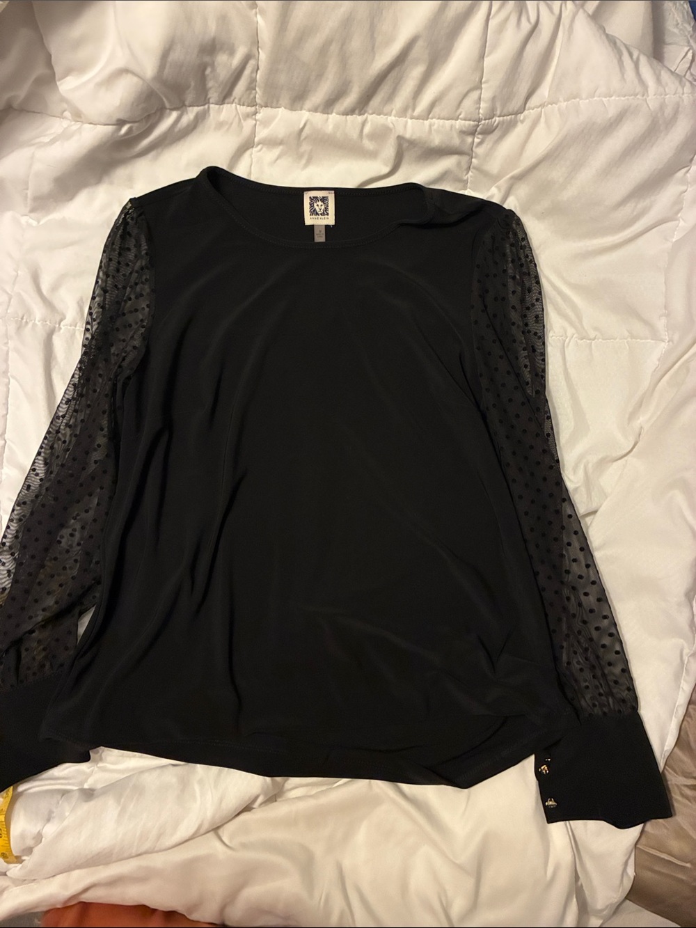 Anne Klein Size Medium Black Long-Sleeve Top with Sheer Dot Sleeves